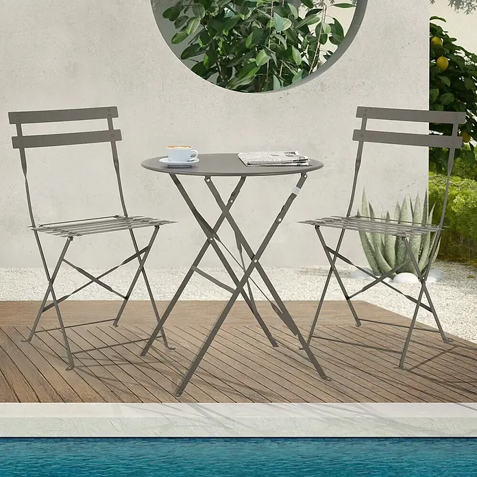 SVITA Balkonmöbel-Set BERLIN - 3 -tlg., Klappbar, Taupe - Dunkelgraues Metall-Klapp-Bistrotisch-Set mit rundem Tisch und zwei Stühlen für den Außenbereich.