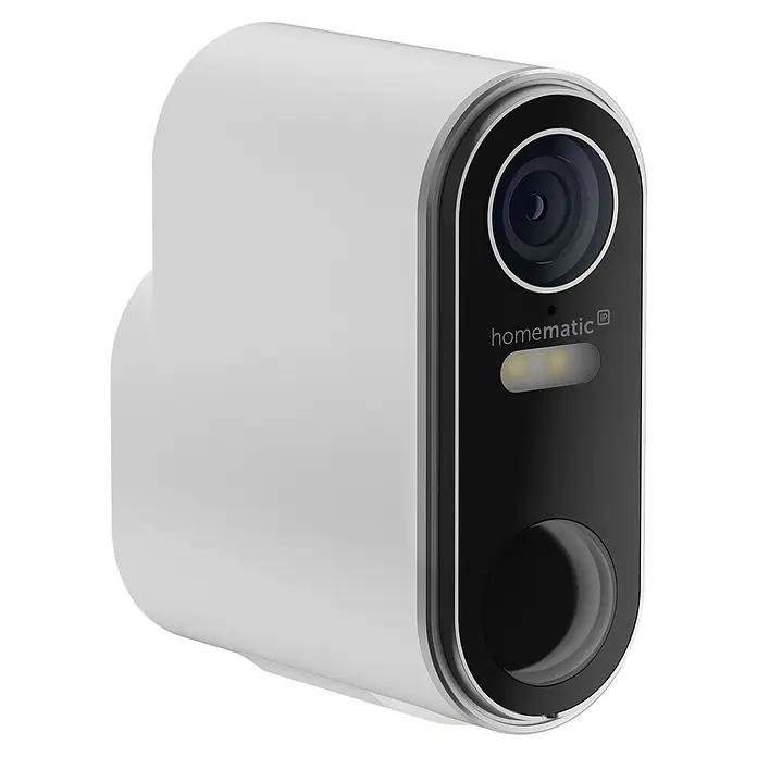 Homematic IP Außenkamera Akku Smart Home HmIP-COR - Weiß, Erfassungswinkel: 110 ° - Weiße Homematic IP Smart-Kamera/Türklingel mit schwarzer Front, Kameralinse, integriertem Licht und Sensorelementen.