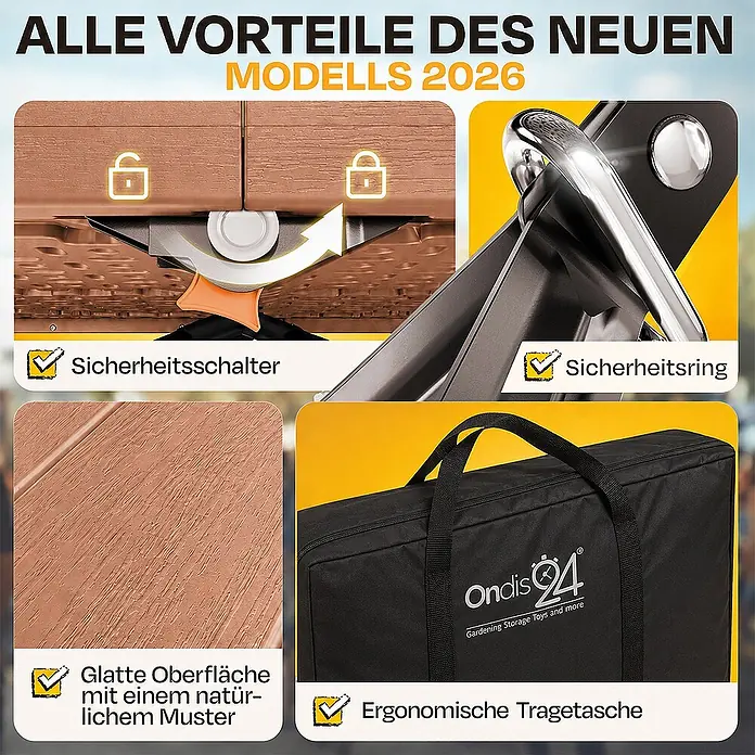 Ondis24 Balkonmöbel-Set -  - Produktvorteile: Holzoptik-Oberfläche, Sicherheitsmechanismen (Schalter, Ring) und eine ergonomische Tragetasche.