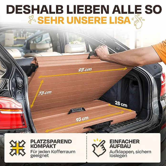 Ondis24 Balkonmöbel-Set -  - Brauner faltbarer Kofferraum-Organizer im Auto, Maße (93x73x28cm) angezeigt. Platzsparend, einfacher Aufbau.