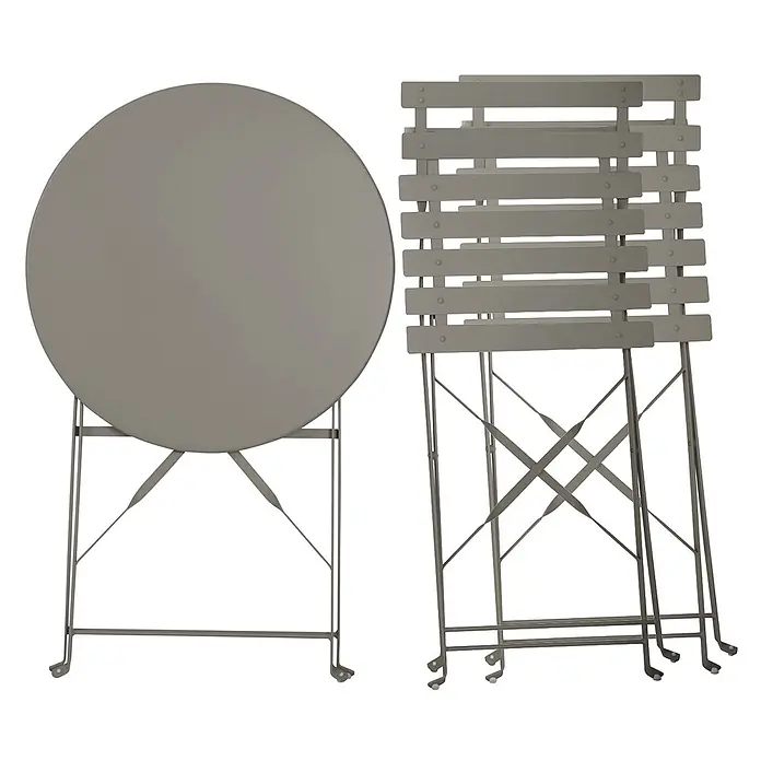 SVITA Balkonmöbel-Set BERLIN - 3 -tlg., Klappbar, Taupe - Ein grauer Metall-Klapptisch und zwei passende Klappstühle, gestapelt.
