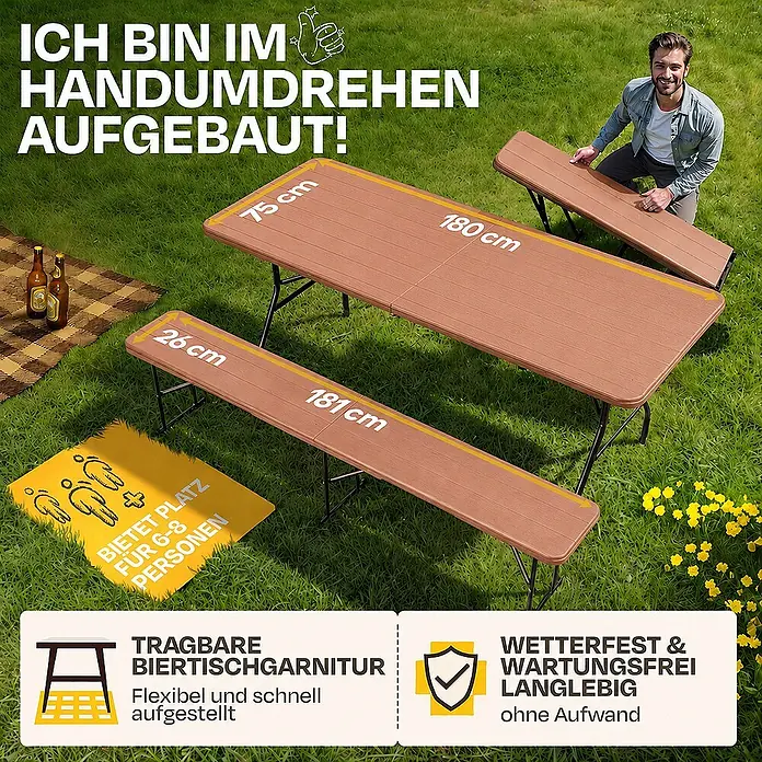 Ondis24 Balkonmöbel-Set -  - Braune, klappbare Biergarten-Garnitur mit Tisch (180x75cm) und Bänken (181x26cm) für 6-8 Personen.