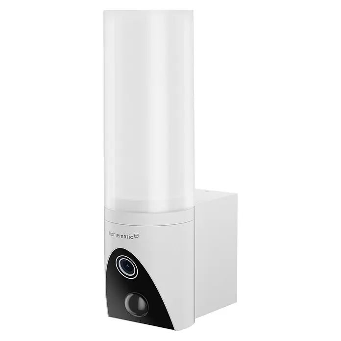 Homematic IP Außenkamera Außenlichtkamera Smart Home HmIP-COL - Weiß, Erfassungsreichweite: 120 m - Weißes Homematic IP Smart-Home-Kamera mit einer durchscheinenden Lichtkuppel und integriertem Sensor.