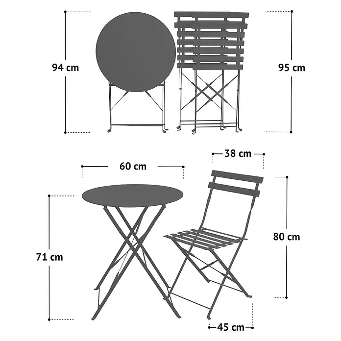 SVITA Balkonmöbel-Set BERLIN - 3 -tlg., Klappbar - Dunkelgraues klappbares Bistro-Set aus Metall mit Rundtisch und Stuhl, Maße angegeben.