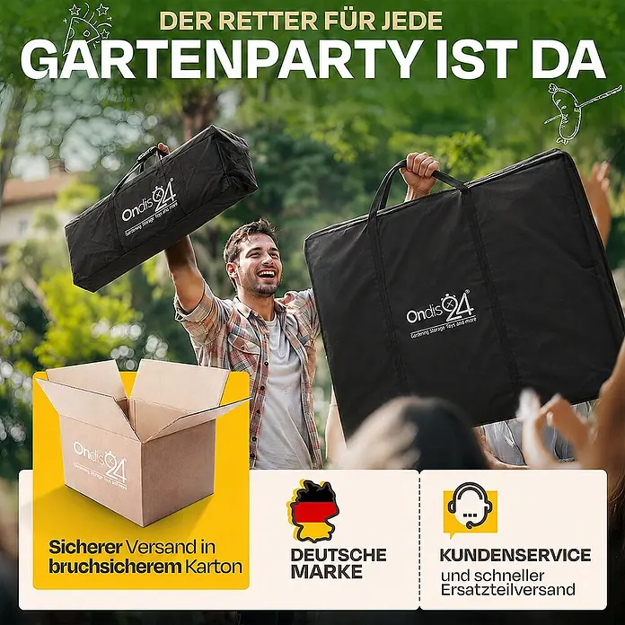 Ondis24 Balkonmöbel-Set -  - Ein Mann präsentiert fröhlich schwarze Tragetaschen mit Logo und einen Marken-Karton für einfache Gartenparty-Vorbereitung.