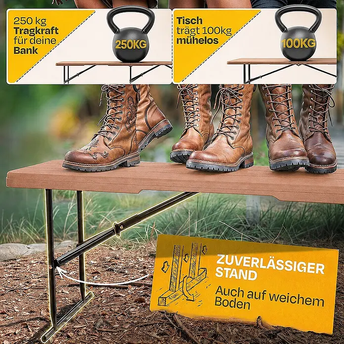 Ondis24 Balkonmöbel-Set -  - Braune klappbare Campingbank/Tisch mit schwarzen Beinen, die eine maximale Tragkraft von 250kg und zuverlässige Stabilität auf weichem Boden zeigt.