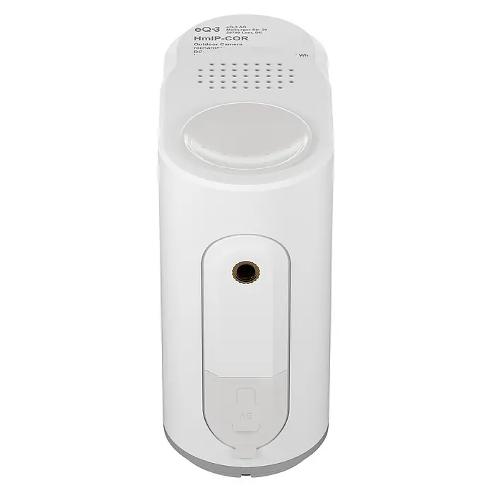 Homematic IP Außenkamera Akku Smart Home HmIP-COR - Weiß, Erfassungswinkel: 110 ° - Weißes, rechteckiges HmIP-COR Outdoor-Kameragerät mit Linse und Lautsprechergitter.