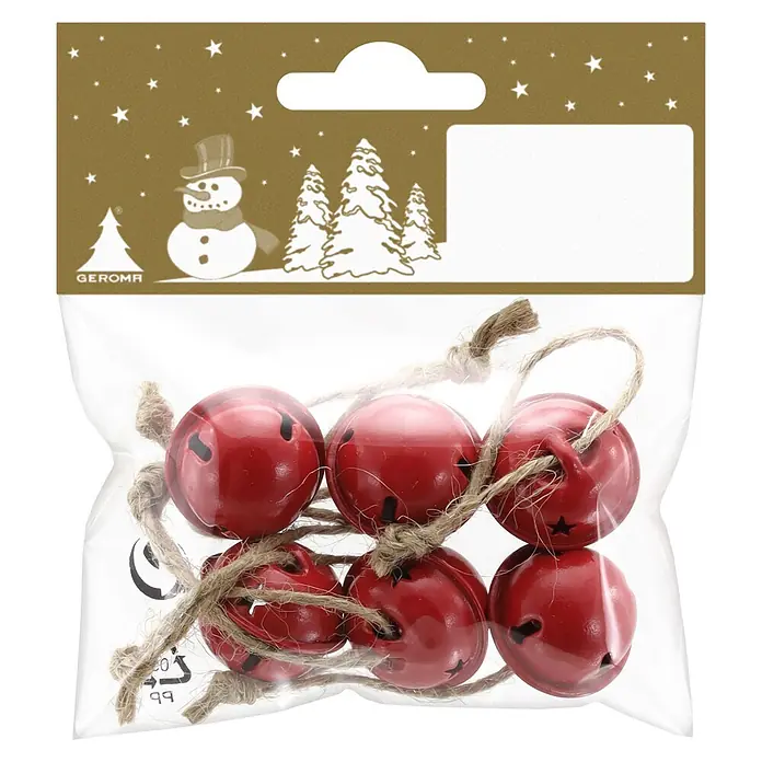 Deko-Anhänger Glocken - Durchmesser: 2,5 cm, 6 Stk. - Rote Glöckchen an Schnur, verpackt in einem Klarsichtbeutel mit goldener Weihnachtskopfkarte.