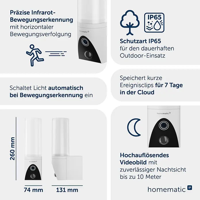 Homematic IP Außenkamera Außenlichtkamera Smart Home HmIP-COL - Weiß, Erfassungsreichweite: 120 m - Weiße Homematic IP Outdoor-Sicherheitskamera mit integriertem Licht und Bewegungserkennung. Maße: 260x74x131 mm.