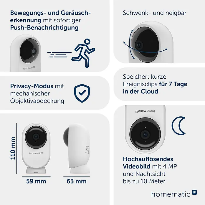 Homematic IP Innenkamera Smart Home HmIP-CI-PL - Weiß - Weiße Homematic IP Innenkamera mit Schwenk-/Neigefunktion, 4MP Nachtsicht, Privatsphäremodus und Bewegungs-/Geräuscherkennung, zeigt Maße und Funktionen.