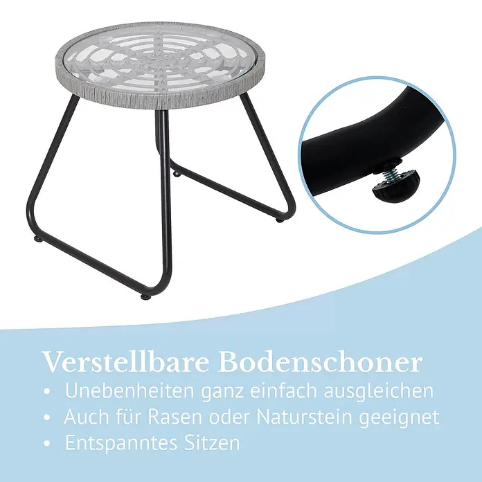 SVITA Balkonmöbel-Set AMALFI - 3 -tlg., Polyrattan, Polyester (180 g/m²) - Kleiner runder Gartentisch mit grauer geflochtener Platte und schwarzen Metallbeinen. Verstellbare Füße gleichen Unebenheiten aus.