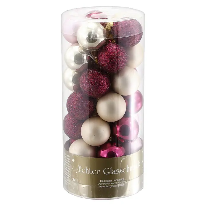 Geroma Christbaumkugel-Set - Beere, Bordeaux, Rosa, Cremeweiß, Glas, 35 Stk. - Klarer Zylinder gefüllt mit Christbaumkugeln aus Echtglas in Glanzcreme, schimmerndem Rosa und glitzerndem Magenta.