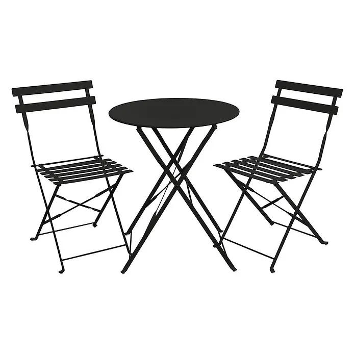 SVITA BERLIN Balkonmöbel Bistroset Garten Metall Klappmöbel Schwarz -  - Schwarzes klappbares Metall-Bistro-Set mit rundem Tisch und zwei Stühlen mit Latten.