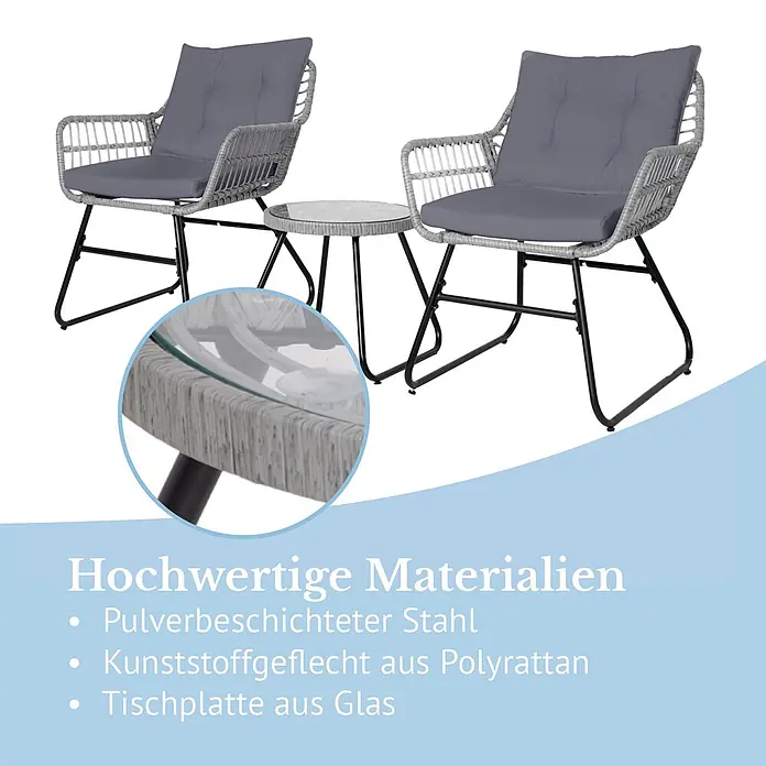 SVITA Balkonmöbel-Set AMALFI - 3 -tlg., Polyrattan, Polyester (180 g/m²) - Graues Polyrattan Garten-Sitzset mit zwei Stühlen, dunklen Kissen, schwarzen Stahlrahmen und Glastisch.
