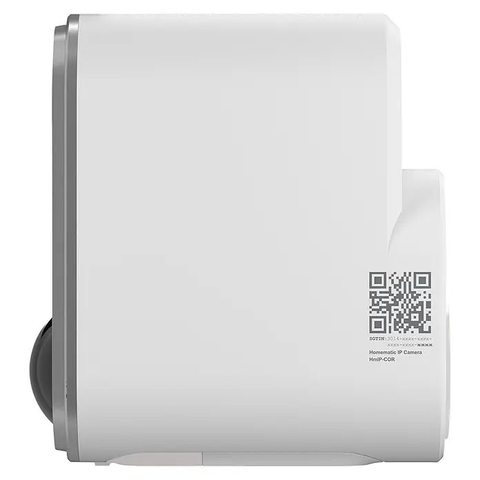 Homematic IP Außenkamera Akku Smart Home HmIP-COR - Weiß, Erfassungswinkel: 110 ° - Weiße Homematic IP Kamera HmIP-COR, von der Seite, mit silbernem Rand und dunklem Objektiv.