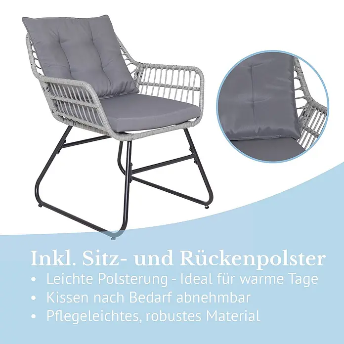 SVITA Balkonmöbel-Set AMALFI - 3 -tlg., Polyrattan, Polyester (180 g/m²) - Grauer Rattan-Look Sessel mit grauen Sitz- und Rückenkissen auf schwarzen Metallbeinen.