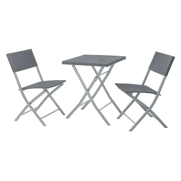 SVITA Balkonmöbel-Set LIMA - 3 -tlg., Pulverbeschichteter Stahl, Polyrattan - Graues klappbares Bistrotisch-Set mit Flechtoptik aus Kunststoff und zwei Stühlen.