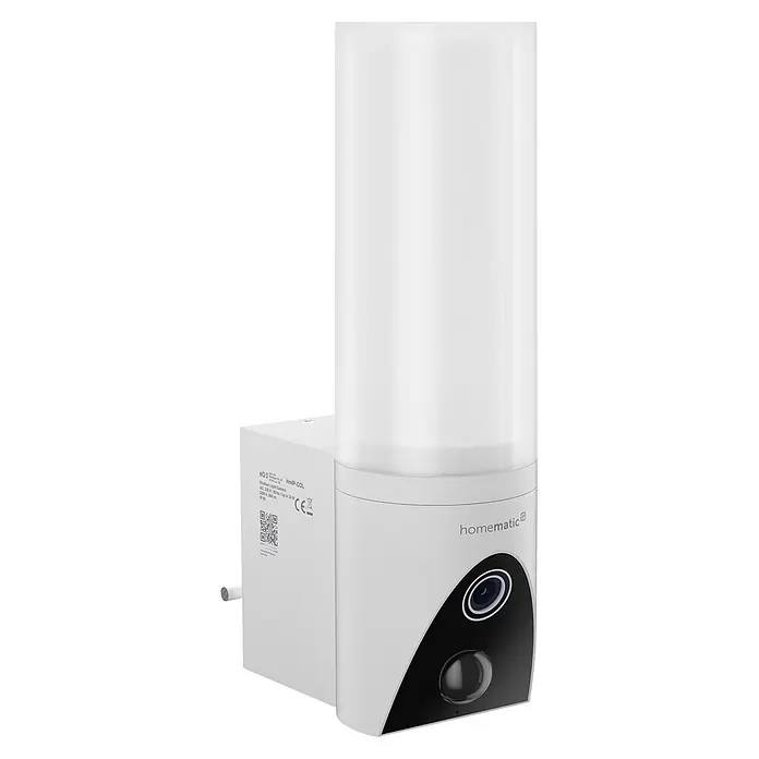 Homematic IP Außenkamera Außenlichtkamera Smart Home HmIP-COL - Weiß, Erfassungsreichweite: 120 m - Weiße Homematic IP Außenleuchte mit Kamera, zylindrischem Lichtdiffusor und Kameramodul an der Basis.