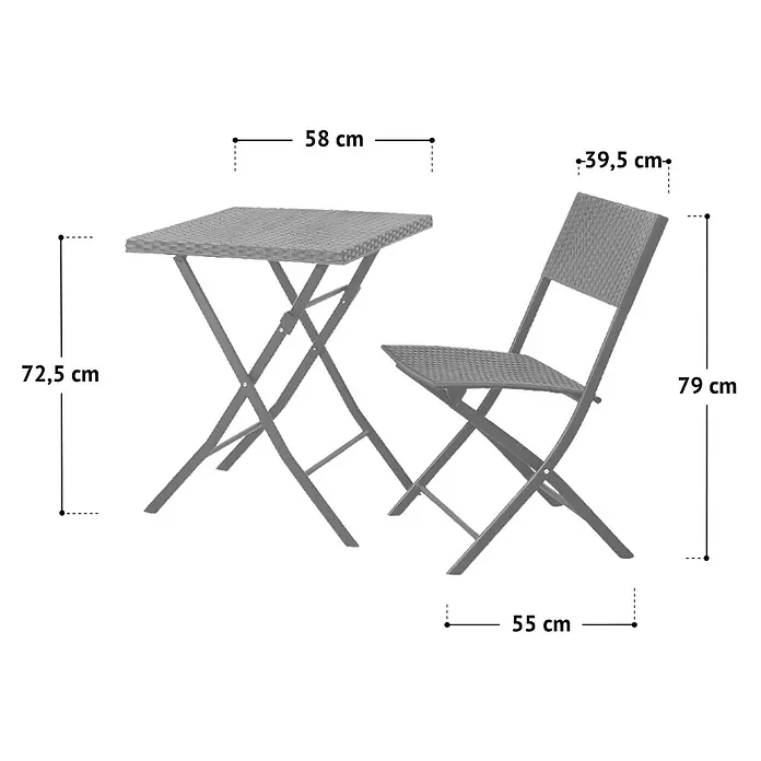 SVITA Balkonmöbel-Set LIMA - 3 -tlg., Pulverbeschichteter Stahl, Polyrattan - Dunkelgraues klappbares Gartentisch- und Stuhlset mit geflochtenen Oberflächen und Metallgestell.