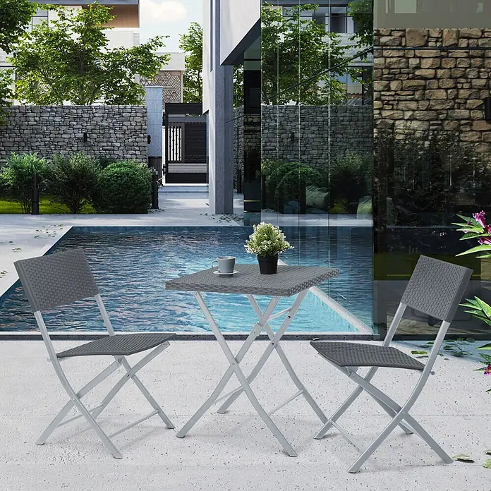 SVITA Balkonmöbel-Set LIMA - 3 -tlg., Pulverbeschichteter Stahl, Polyrattan - Graues Rattan-Klapp-Bistrotisch-Set mit quadratischem Tisch und zwei Stühlen am Pool.