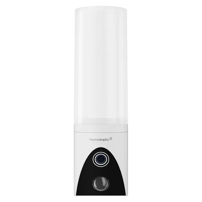 Homematic IP Außenkamera Außenlichtkamera Smart Home HmIP-COL - Weiß, Erfassungsreichweite: 120 m - Weiße und schwarze Homematic IP Smart-Home-Kamera mit großer runder Taste.