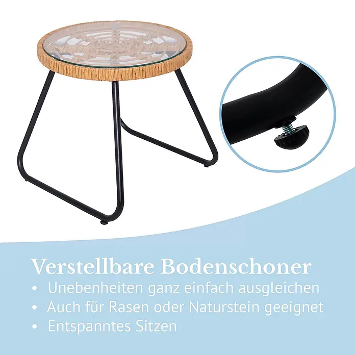 SVITA Balkonmöbel-Set AMALFI - 3 -tlg., Polyrattan, Polyester (180 g/m²) - Runder Beistelltisch mit Rattan-Optik, Glasplatte und schwarzen Metallbeinen. Verstellbare Bodenschoner gleichen Unebenheiten aus.