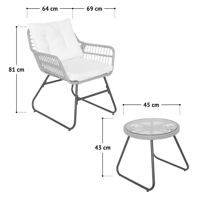 SVITA Balkonmöbel-Set AMALFI - 3 -tlg., Polyrattan, Polyester (180 g/m²) - Grauer Rattansessel mit weißen Kissen und passendem runden Beistelltisch, Metallgestell.