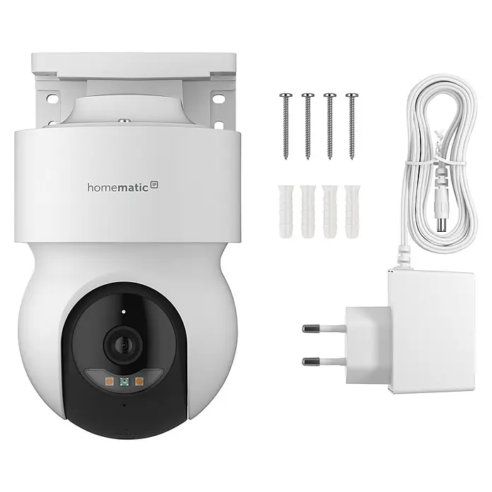 Homematic IP Außenkamera Smart Home HmIP-CO - Weiß - Weiße Homematic IP Überwachungskamera mit Halterung, Schrauben, Dübeln, Netzteil und Kabel zur Installation.