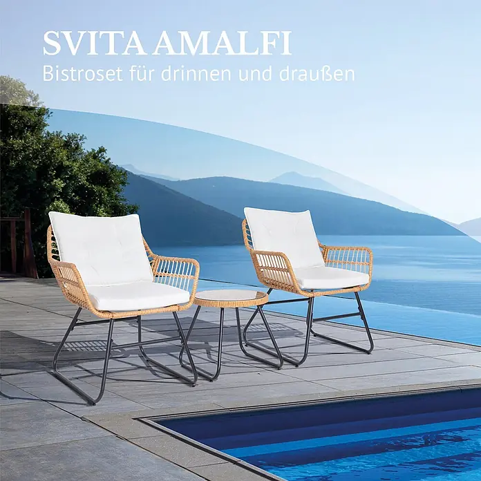 SVITA Balkonmöbel-Set AMALFI - 3 -tlg., Polyrattan, Polyester (180 g/m²) - Rattan-Bistrotischset mit weißen Kissen und kleinem Tisch am Pool, Blick auf einen See. Für drinnen und draußen.
