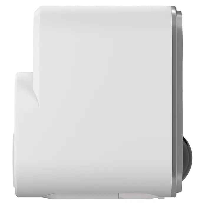 Homematic IP Außenkamera Akku Smart Home HmIP-COR - Weiß, Erfassungswinkel: 110 ° - Weiße Smart-Sicherheitskamera, Seitenansicht, mit grauen Akzenten und teilweise sichtbarer schwarzer Linse.