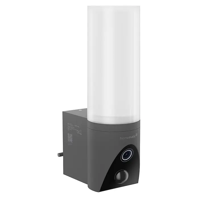 Homematic IP Außenkamera Außenlichtkamera Smart Home HmIP-COL - Anthrazit, Erfassungsreichweite: 120 m - Dunkelgraue Outdoor-Leuchtkamera mit durchscheinendem weißem Lichtzylinder, mit Kameraobjektiv und Bewegungssensor vorne.