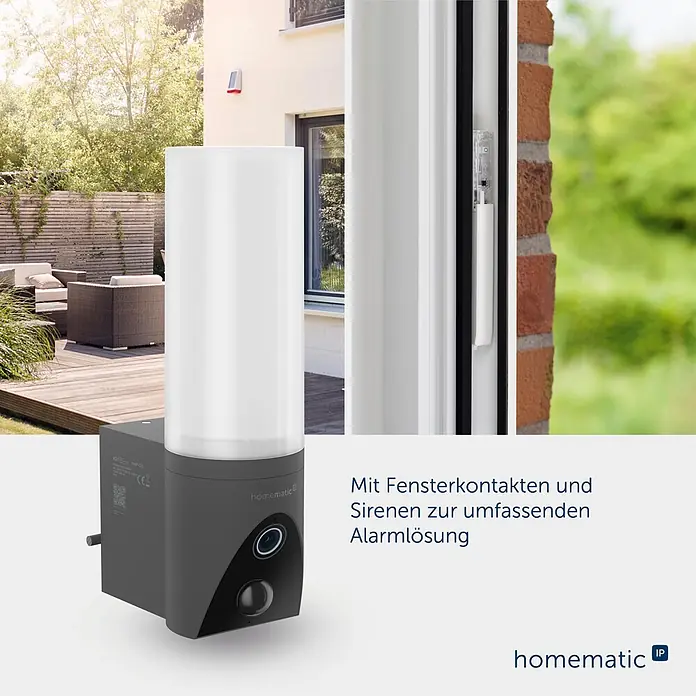 Homematic IP Außenkamera Außenlichtkamera Smart Home HmIP-COL - Anthrazit, Erfassungsreichweite: 120 m - Dunkelgraue Smart Outdoor-Leuchte/Kamera mit transluzentem Oberteil, in Außenumgebung, integriert mit Fenstersensoren für Alarmlösung.