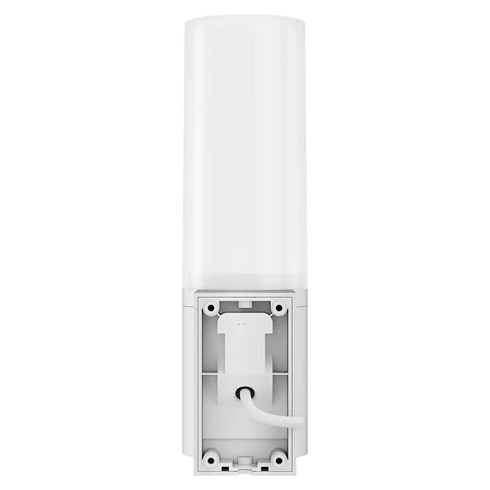 Homematic IP Außenkamera Außenlichtkamera Smart Home HmIP-COL - Weiß, Erfassungsreichweite: 120 m - Weißes zylindrisches Gerät, Rückansicht mit Befestigungspunkten und weißem Netzkabel.