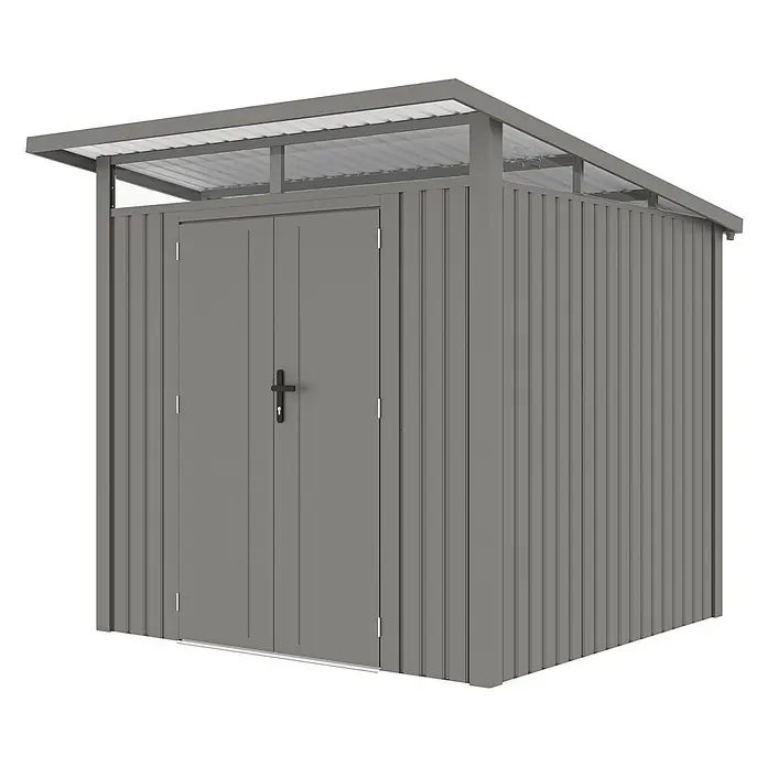 Metall Gerätehaus  Skylight 4,45 m² Alu Grau -  - Grauer Geräteschuppen aus Metall mit Pultdach und Doppeltüren.