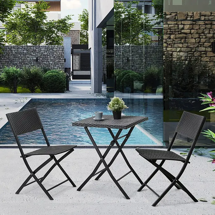 SVITA Balkonmöbel-Set LIMA - 3 -tlg., Pulverbeschichteter Stahl, Polyrattan - Schwarzes faltbares Bistro-Set aus Rattan mit zwei Stühlen und einem quadratischen Tisch am Pool.