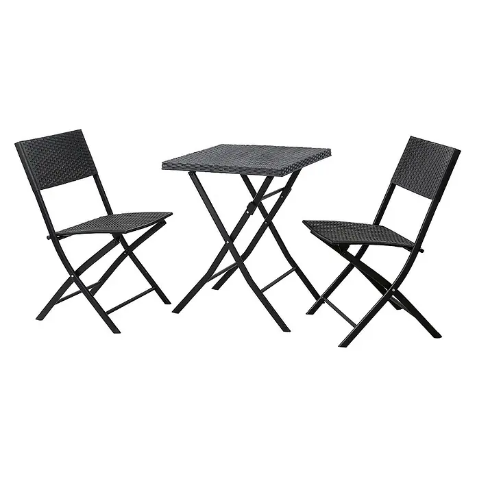 SVITA Balkonmöbel-Set LIMA - 3 -tlg., Pulverbeschichteter Stahl, Polyrattan - Schwarzes klappbares Bistro-Set mit Rattan-Geflecht, bestehend aus einem quadratischen Tisch und zwei Stühlen.