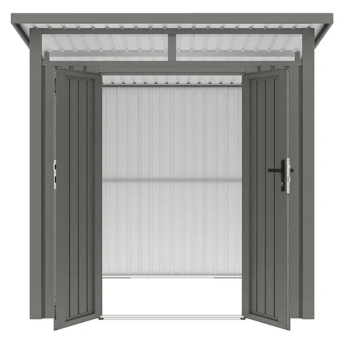 Metall Gerätehaus  Skylight 4,45 m² Alu Grau -  - Grauer Metallschuppen mit geöffneten Doppeltüren, der weiße Wellblech-Innenwände und -Dach zeigt.