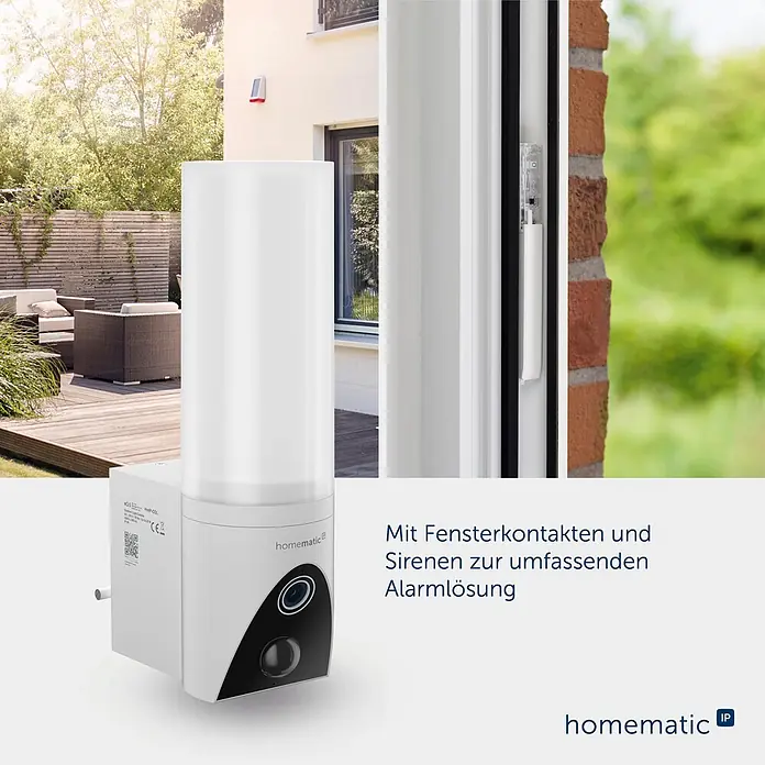 Homematic IP Außenkamera Außenlichtkamera Smart Home HmIP-COL - Weiß, Erfassungsreichweite: 120 m - Weiße Homematic IP Outdoor Lichtkamera mit schwarzem Kamera-/Sensorpanel und Fensterkontakt, Teil eines Alarmsystems.