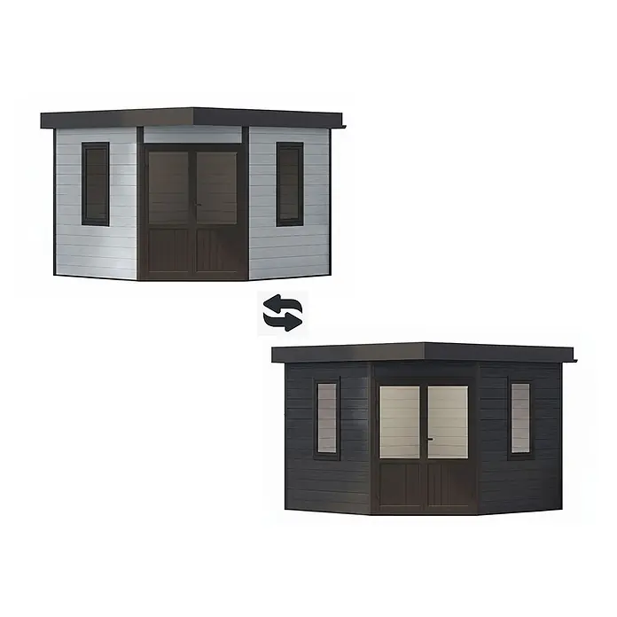Fjordholz Gartenhaus Style Classic - Außenmaß inkl. Dachüberstand (B x T): 336 x 336 cm, Aluminium, Anthrazit/grau - Zwei Eckgartenhäuser, eines hellgrau und eines dunkelgrau, beide mit dunkelbraunen Türen und Fenstern sowie Flachdächern.