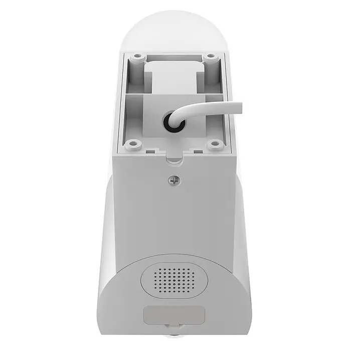 Homematic IP Außenkamera Außenlichtkamera Smart Home HmIP-COL - Weiß, Erfassungsreichweite: 120 m - Weißes Smart-Gerät, wahrscheinlich eine Türklingel oder Gegensprechanlage, Rückseite mit Lautsprechergitter, Montagepunkten, Schraube und Kabel.