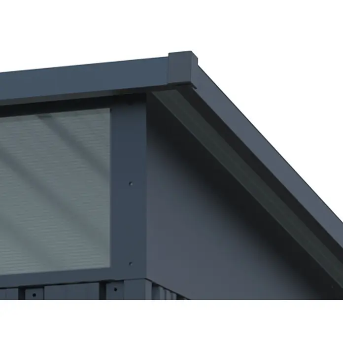 StarLine Metall Gerätehaus Lübeck 5,98 m² - Außenbreite inkl. Dachüberstand: 238,4 cm, Außentiefe inkl. Dachüberstand: 278,8 cm, Metall, Anthratit RAL 7016 - Dunkelgraue Metalleckkonstruktion mit transluzentem Fenster und schrägem Dach.