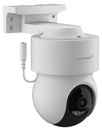Homematic IP Außenkamera Smart Home HmIP-CO Weiße Homematic IP Überwachungskamera mit schwarzem Objektivmodul und Montagehalterung.