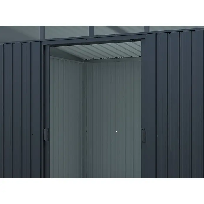StarLine Metall Gerätehaus Lübeck 5,98 m² - Außenbreite inkl. Dachüberstand: 238,4 cm, Außentiefe inkl. Dachüberstand: 278,8 cm, Metall, Anthratit RAL 7016 - Dunkelgraues Metallgartenhaus mit teils offener Schiebetür, gewellter Innenseite und durchscheinendem Dach.