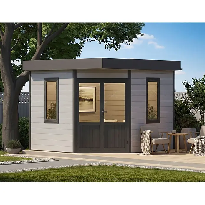 Fjordholz Gartenhaus Style Classic - Außenmaß inkl. Dachüberstand (B x T): 336 x 336 cm, Aluminium, Anthrazit/grau - Modernes Gartenbüro/-haus mit hellgrauer Verkleidung, dunkelgrauem Rahmen und großen Fenstern, in einem Garten.