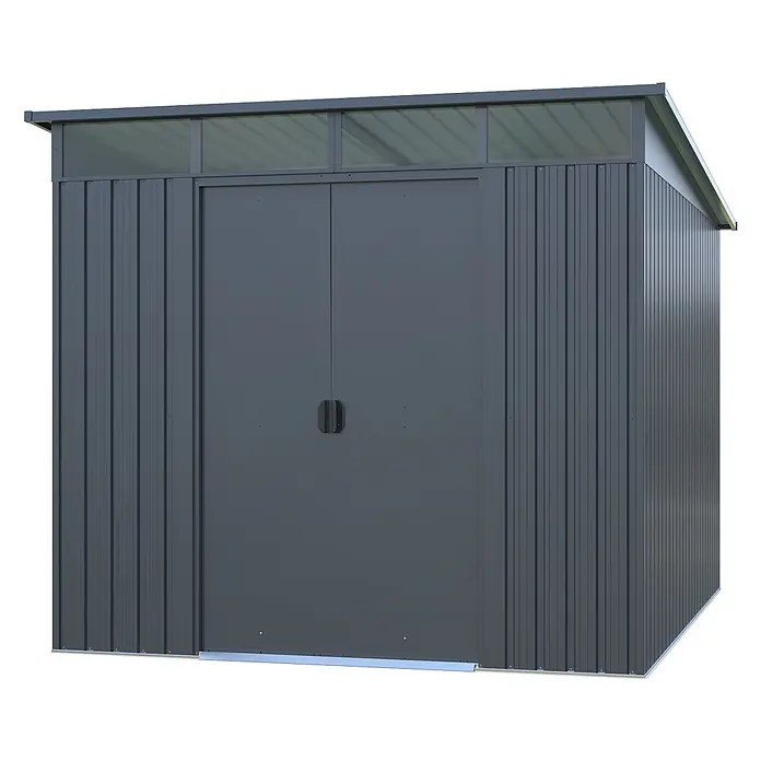 StarLine Metall Gerätehaus Lübeck 4,05 m² - Außenbreite inkl. Dachüberstand: 238,4 cm, Außentiefe inkl. Dachüberstand: 193,2 cm, Metall, Anthratit RAL 7016 - Dunkelgrauer Metall-Gartenschuppen mit Doppeltüren, Wellblechseiten, Flachdach und lichtdurchlässigen Paneelen oben.