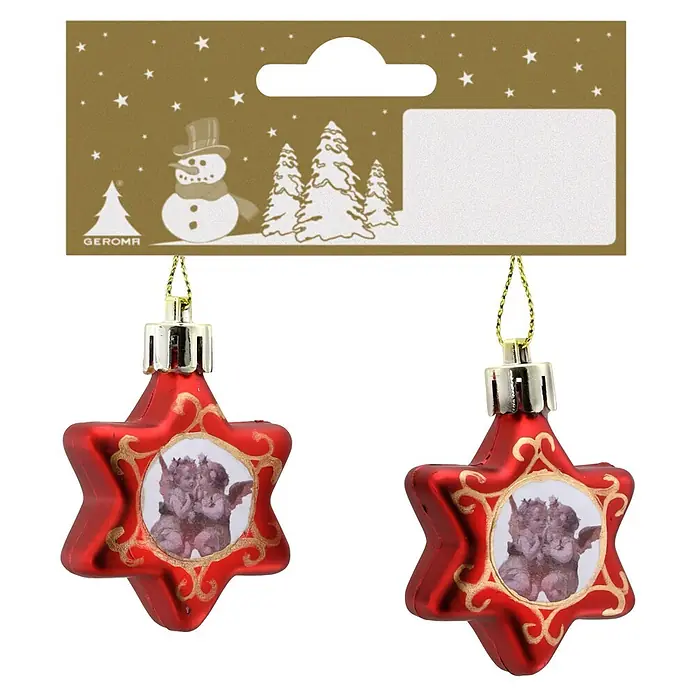 Geroma Christbaumschmuck - Rot, Glas, 2 Stk., 5 x 1 x 4 cm - Zwei rote sternförmige Weihnachtskugeln mit Golddetails und Engelillustrationen, hängend an einem goldenen Etikett mit Schneemann und Bäumen.