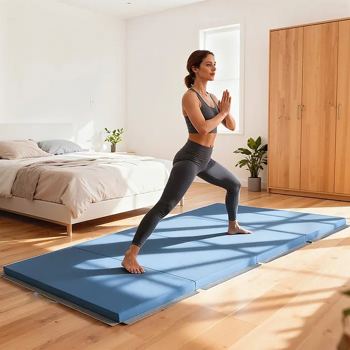 Homcom Universalmatte Gymnastikmatte - 240 x 120 cm, Hellblau, Kunststoff - Eine blaue, faltbare Gymnastikmatte, die in einem Lifestyle-Bild mit einer Frau beim Yoga gezeigt wird.