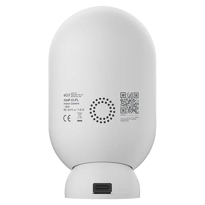 Homematic IP Innenkamera Smart Home HmIP-CI-PL - Weiß - Weiße Indoor-Kamera, Rückansicht, mit Produktetikett, QR-Code, Lautsprecherlöchern und einem USB-Stromanschluss an der Basis.