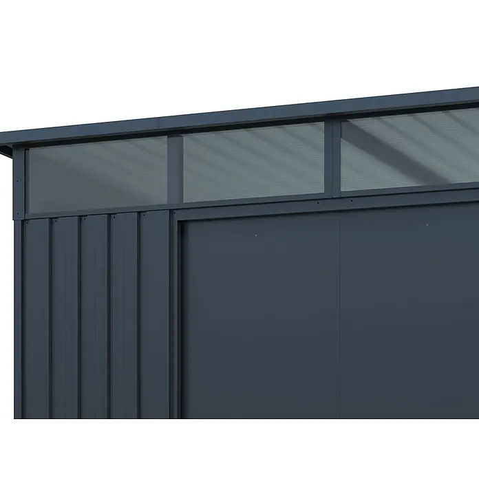 StarLine Metall Gerätehaus Lübeck 5,98 m² - Außenbreite inkl. Dachüberstand: 238,4 cm, Außentiefe inkl. Dachüberstand: 278,8 cm, Metall, Anthratit RAL 7016 - Dunkelgraues Metall-Gerätehaus mit lichtdurchlässigen Oberlichtern für Tageslicht.