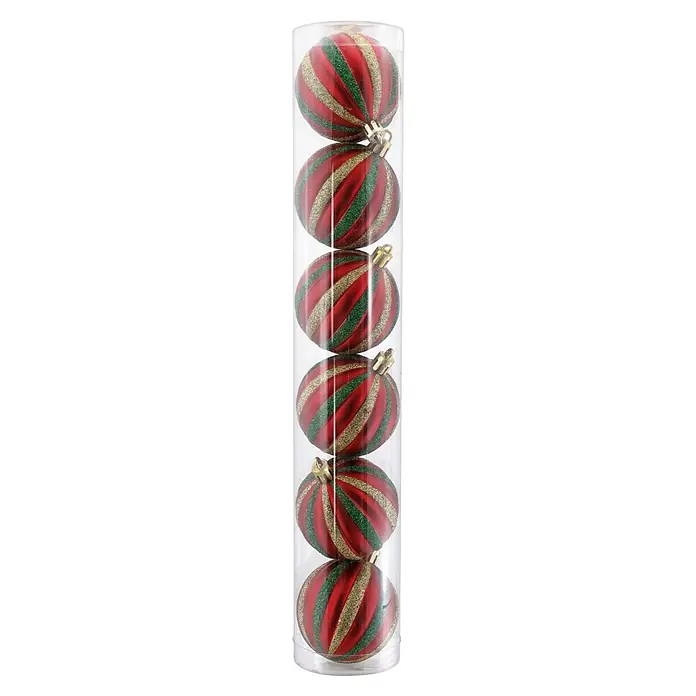 Christbaumkugel-Set - Rot/ Grün/ Gold, Kunstpelz, 6 Stk. - Sechs rot, grün und gold glitzergestreifte Weihnachtskugeln in einer transparenten Plastikröhre.
